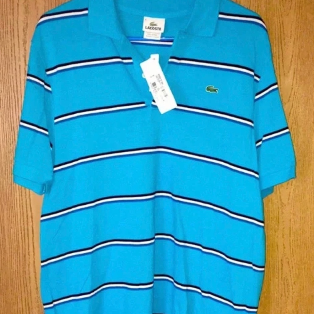 Lacoste - aqua striped polo shirt (black, white, and blue) Size 6